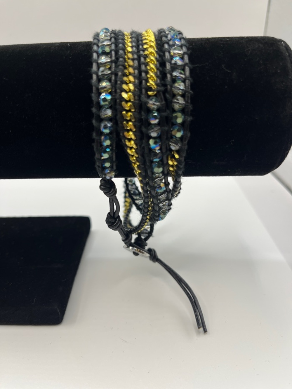 Multi-Row Beaded Wrap Bracelet in Black and Gold Tone Chain Black Leather